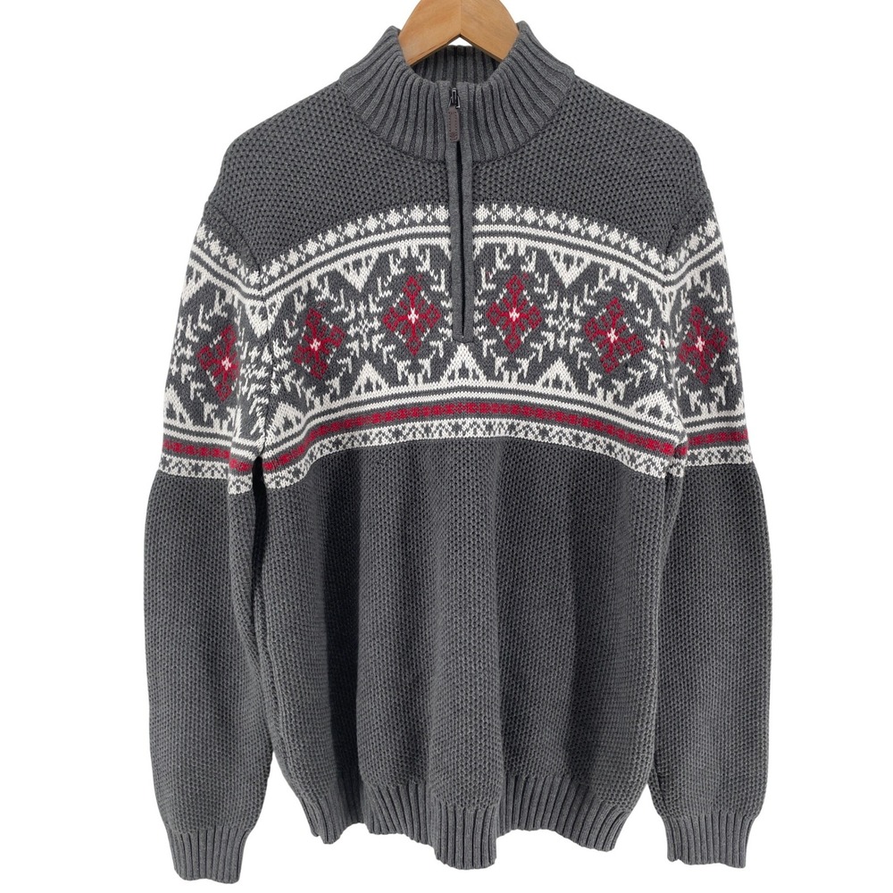 IZOD Quarter Zip Sweater Mens XL Grey Fair Isle Waffle Knit Cotton Ski Cabin